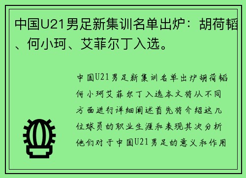 中国U21男足新集训名单出炉：胡荷韬、何小珂、艾菲尔丁入选。